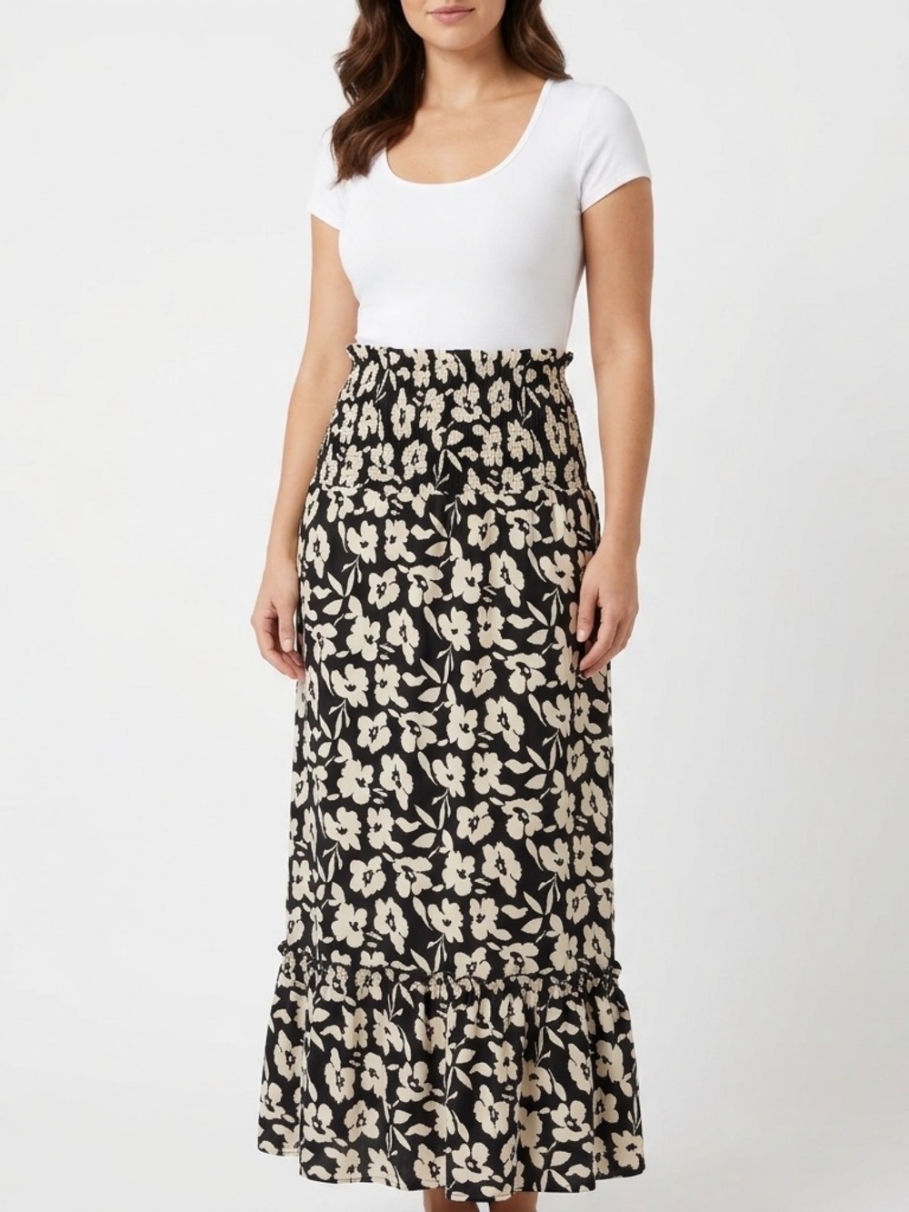 NWT Udel New York Smocked Black Floral Maxi Skirt Size XS